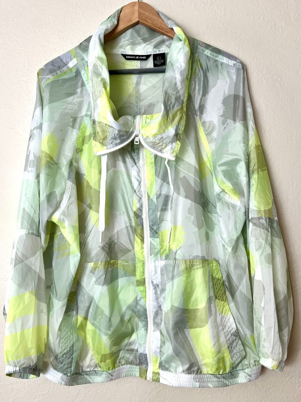 DKNY Jeans Neon Lime Green White Gray Camouflage Women's Windbreaker Size Large